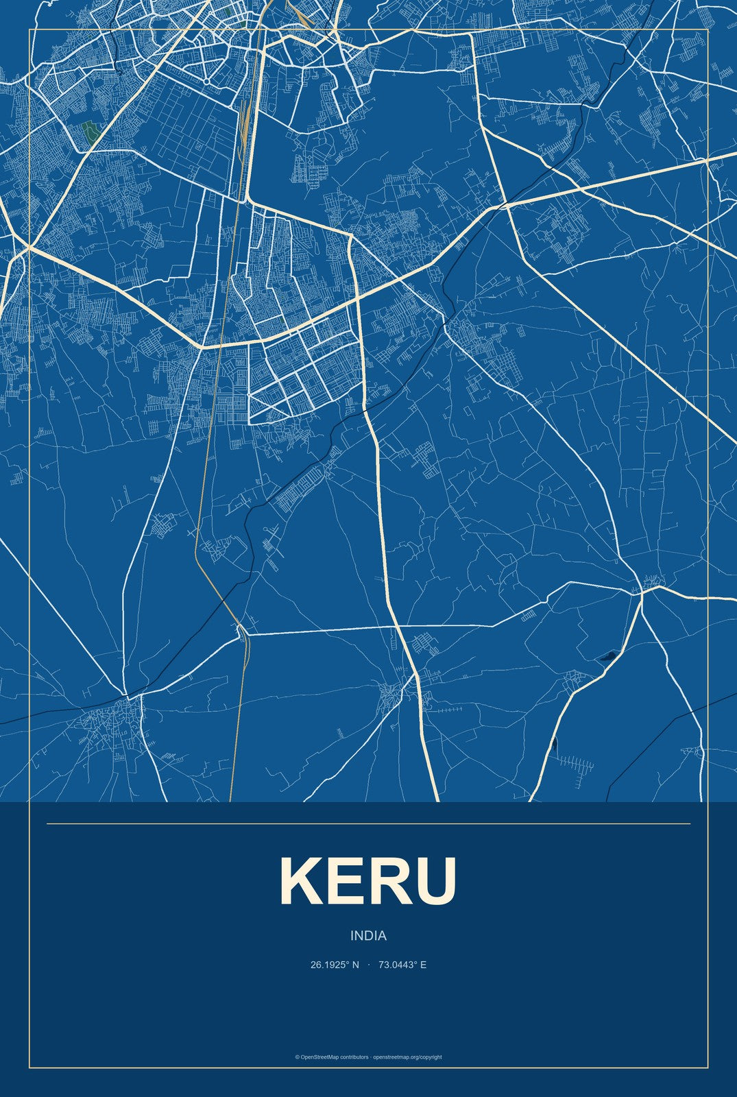 Keru, India City Map Aluminum Sign in Harbor Cobalt style