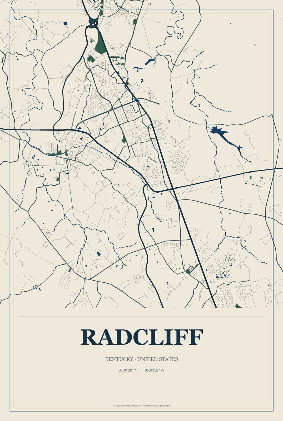 Radcliff, Kentucky City Map Aluminum Sign in Coastal Cutout style