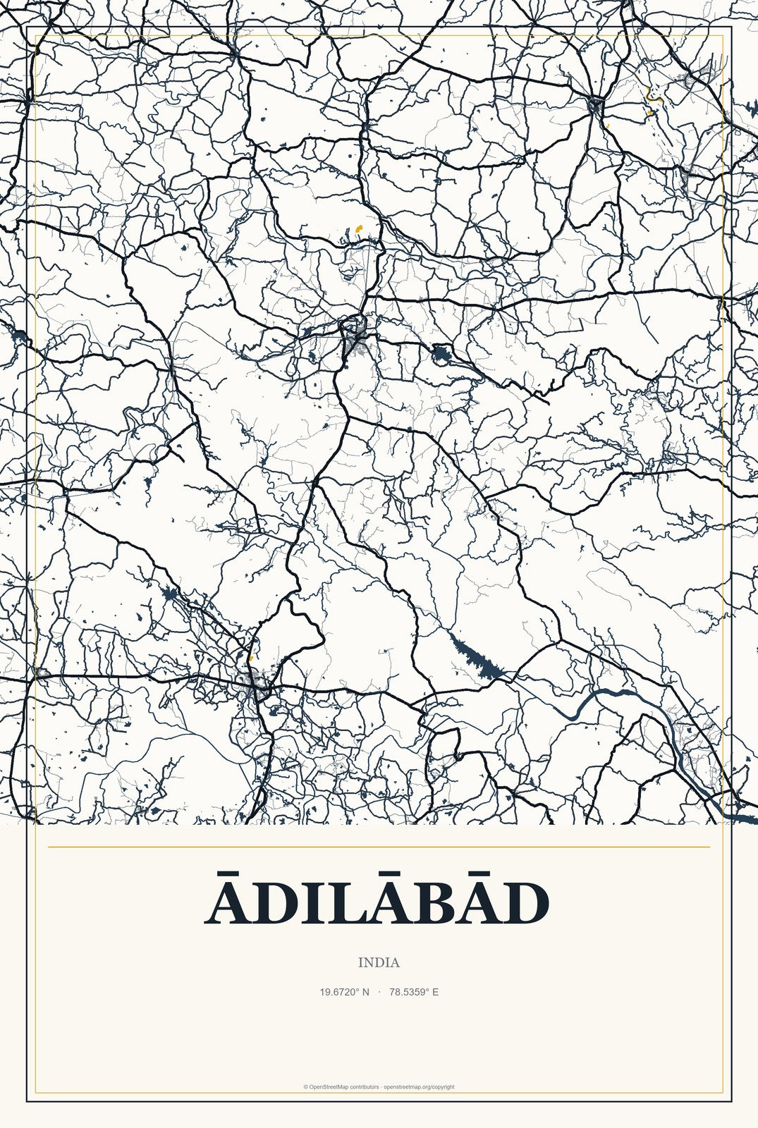 Ādilābād, India City Map Aluminum Sign in Citrine Modern style