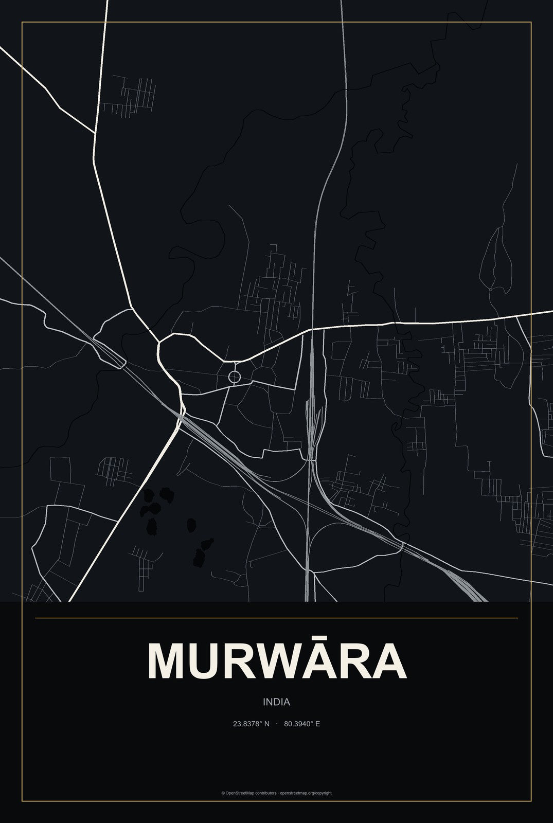 Murwāra, India City Map Aluminum Sign in Metropolitan Noir style