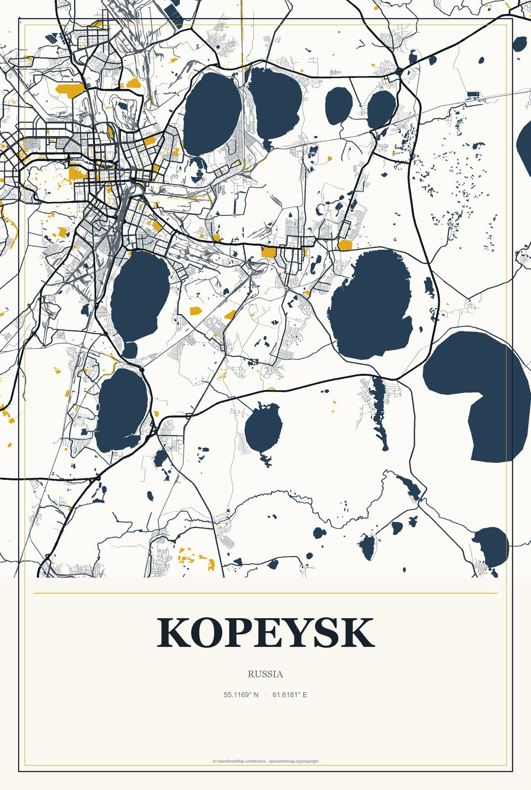 Kopeysk, Russia City Map Aluminum Sign in Citrine Modern style