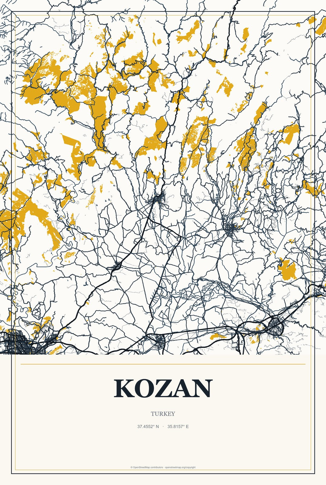 Kozan, Turkey City Map Aluminum Sign in Citrine Modern style
