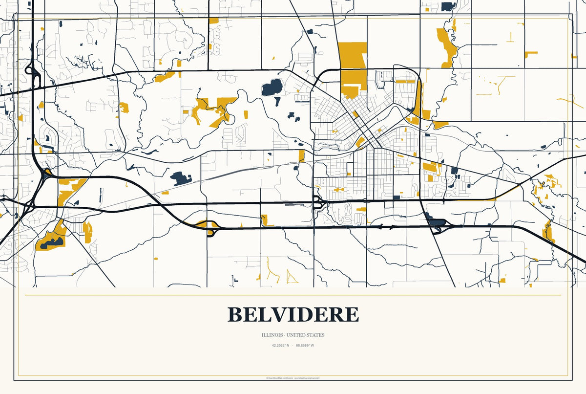 Belvidere, Illinois City Map Aluminum Sign in Citrine Modern style