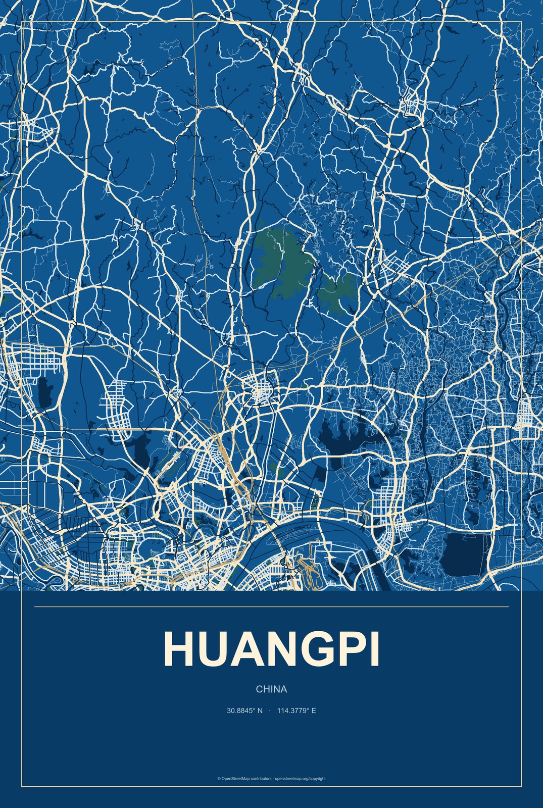 Huangpi, China City Map Aluminum Sign in Harbor Cobalt style