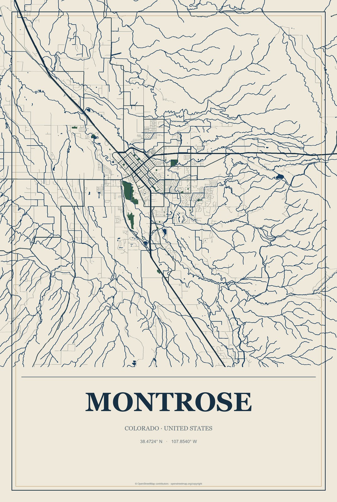 Montrose, Colorado City Map Aluminum Sign in Coastal Cutout style