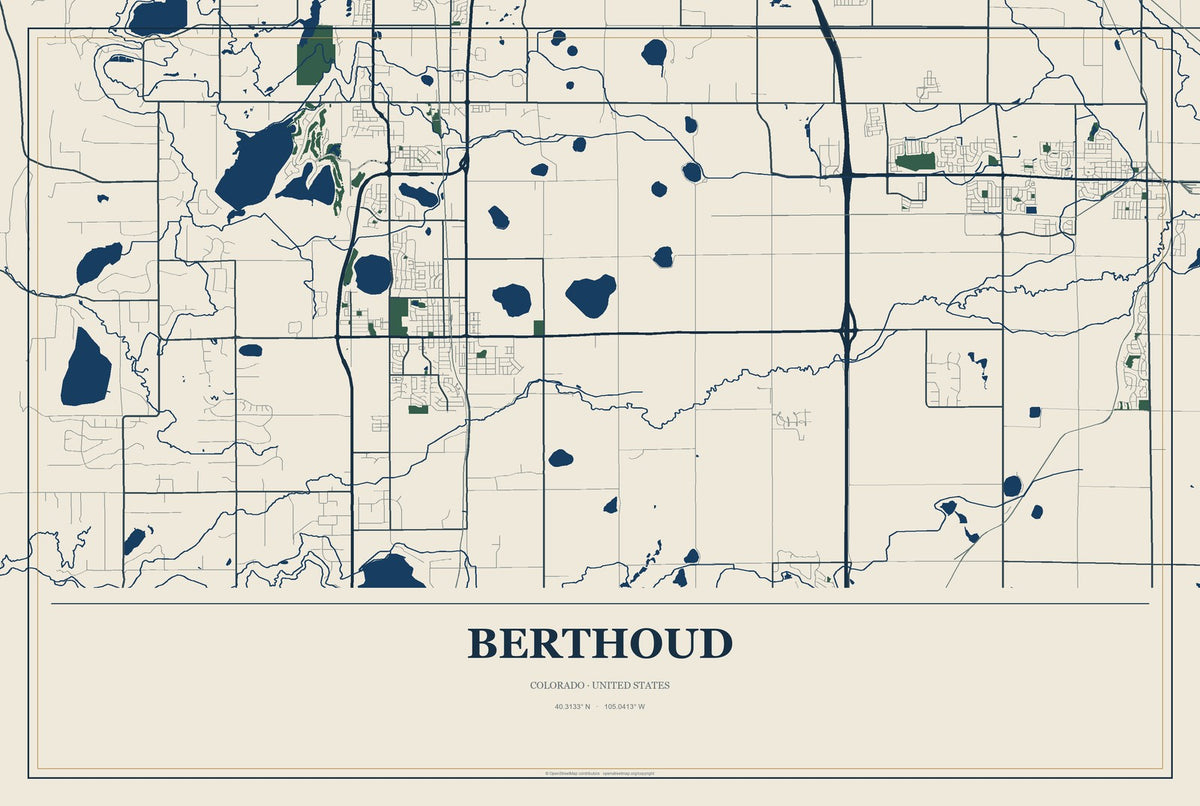 Berthoud, Colorado City Map Aluminum Sign in Coastal Cutout style