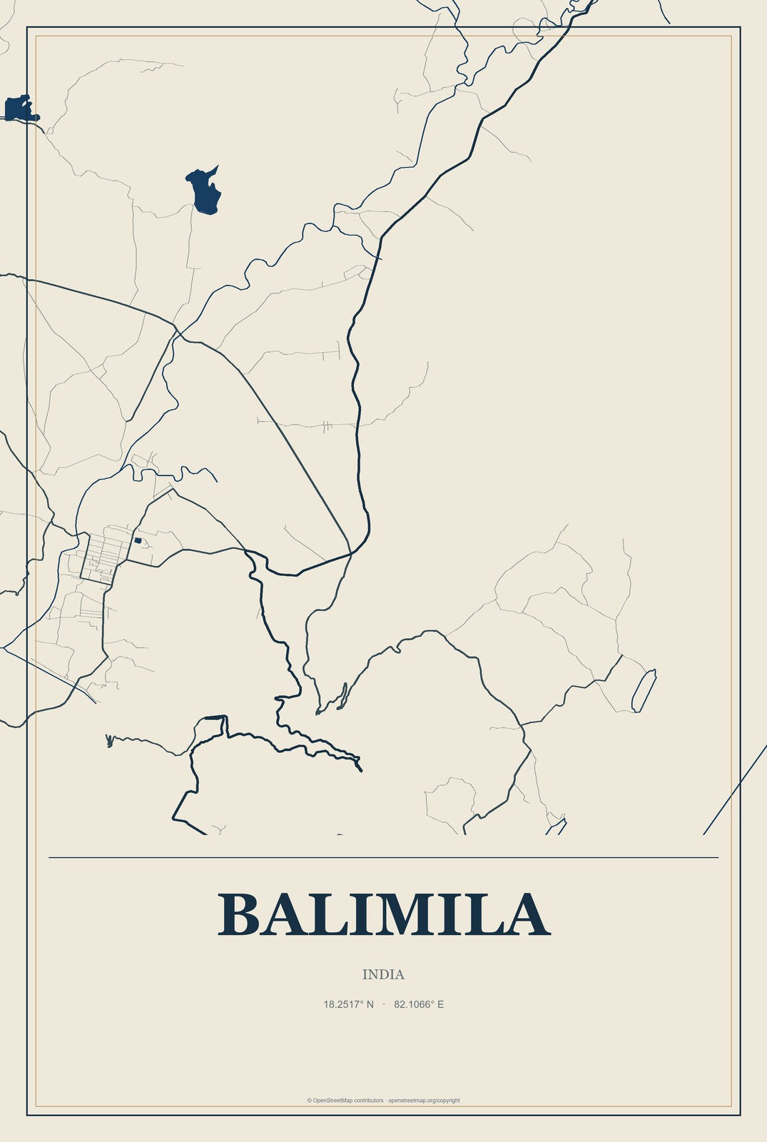 Balimila, India City Map Aluminum Sign in Coastal Cutout style