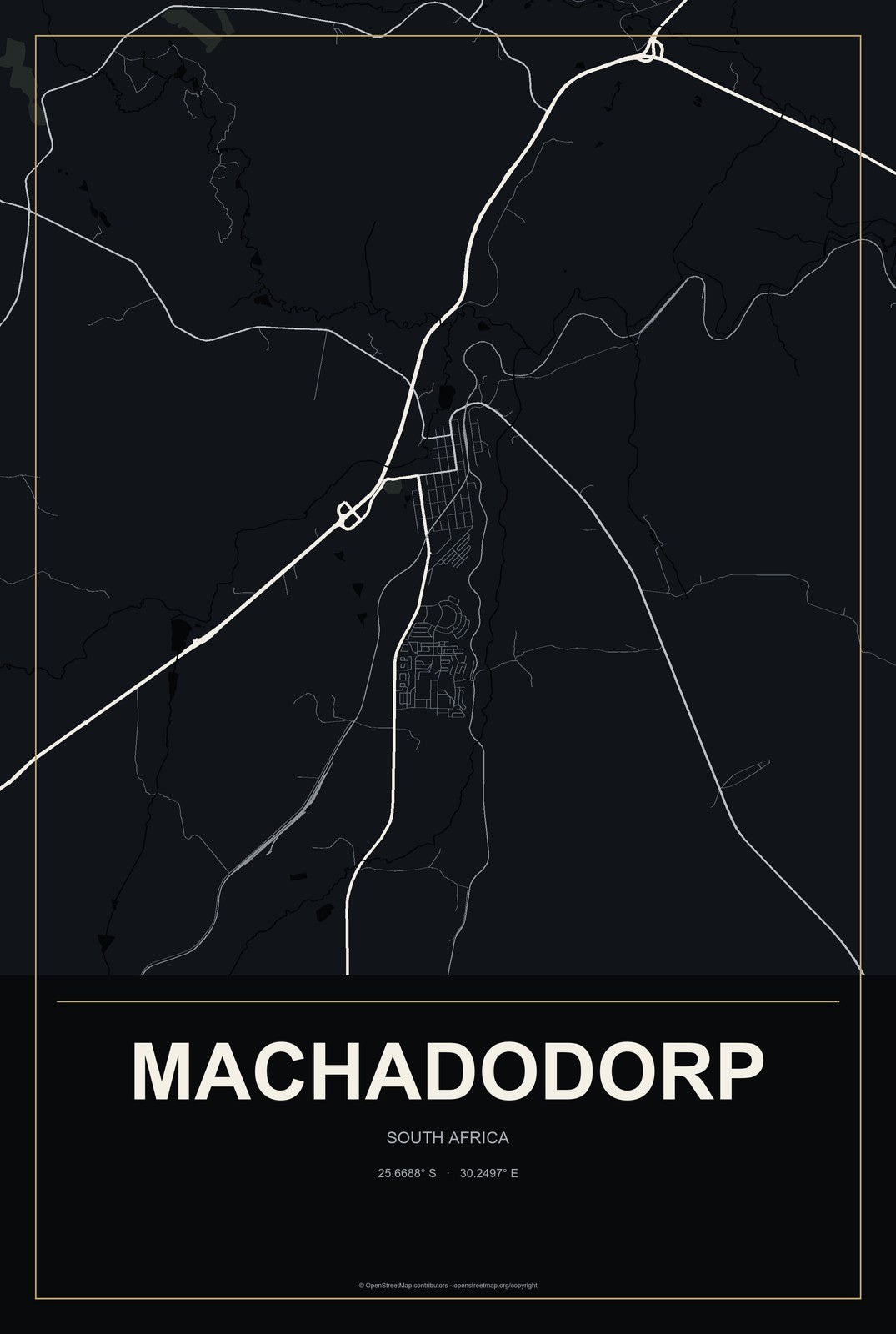 Machadodorp, South Africa City Map Aluminum Sign in Metropolitan Noir style