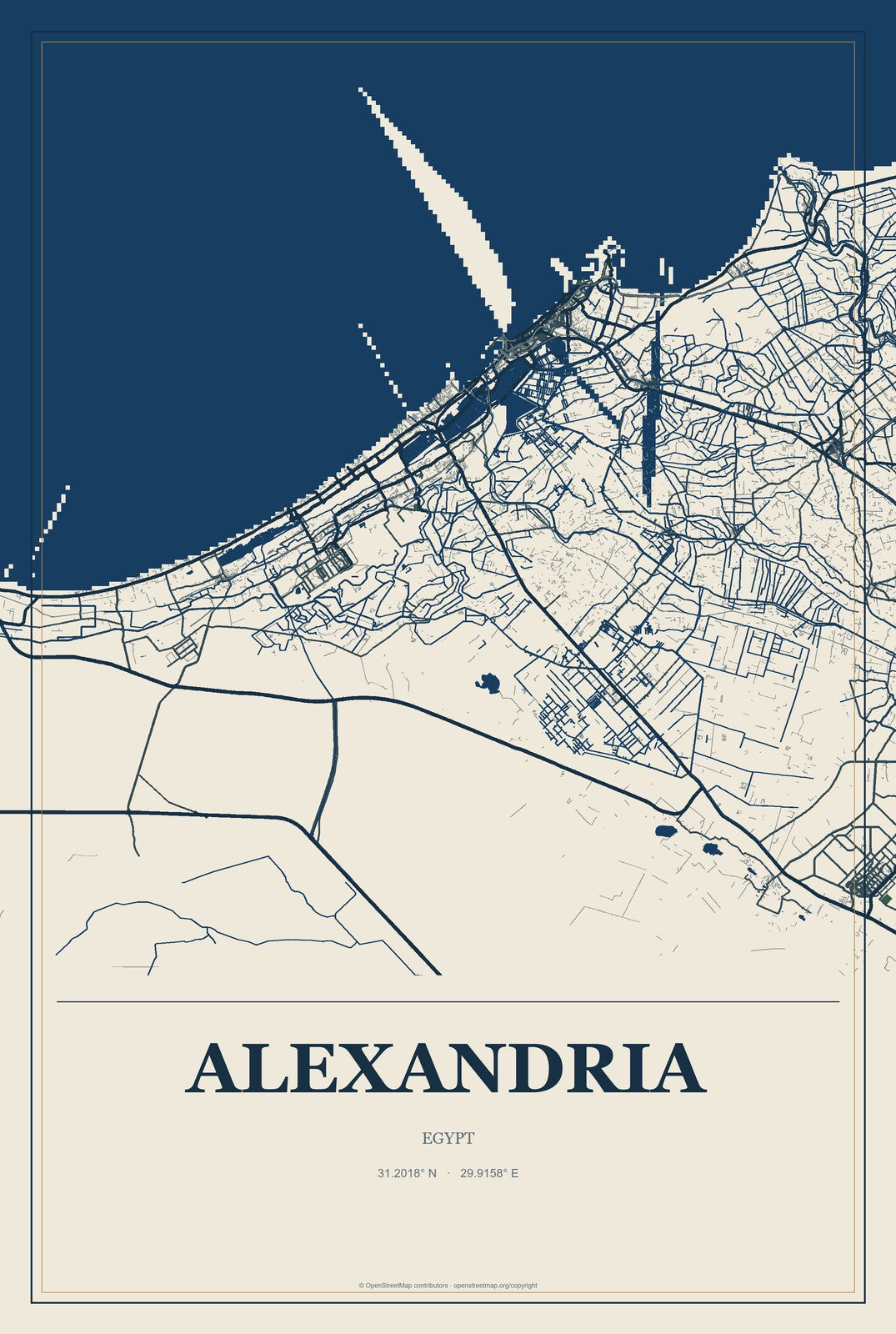 Alexandria, Egypt City Map Aluminum Sign in Coastal Cutout style