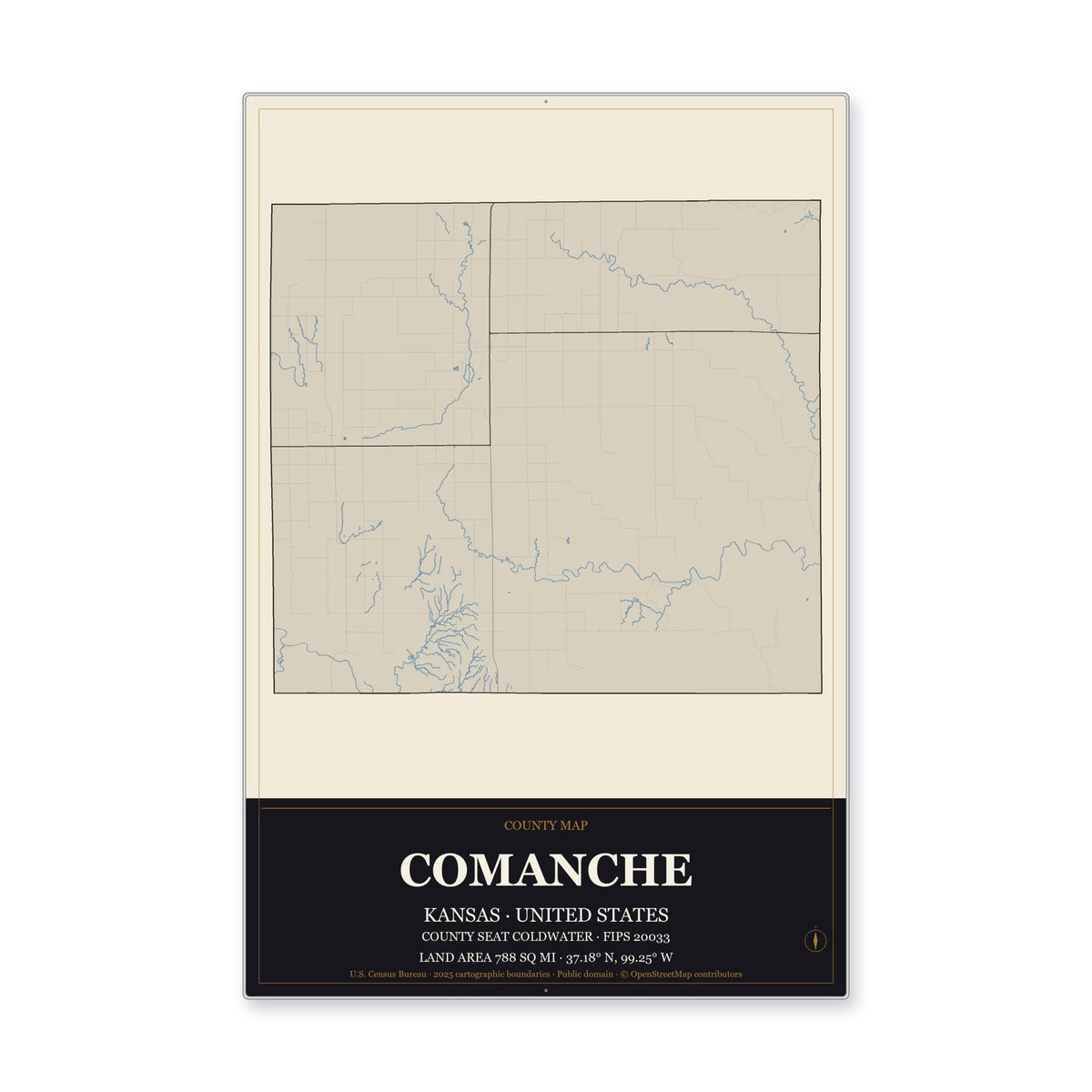Comanche County, Kansas Map Aluminum Sign in Museum Plaque style