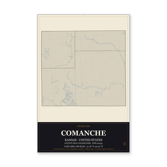 Comanche County, Kansas Map Aluminum Sign in Museum Plaque style