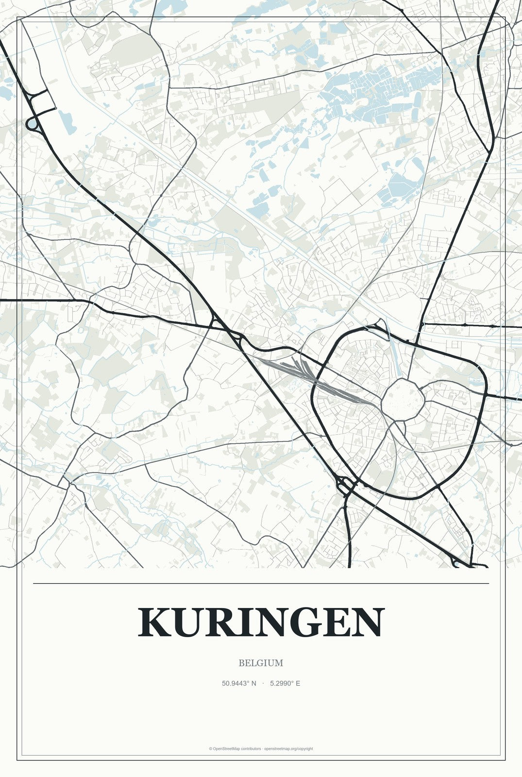 Kuringen, Belgium City Map Aluminum Sign in Gallery Air style