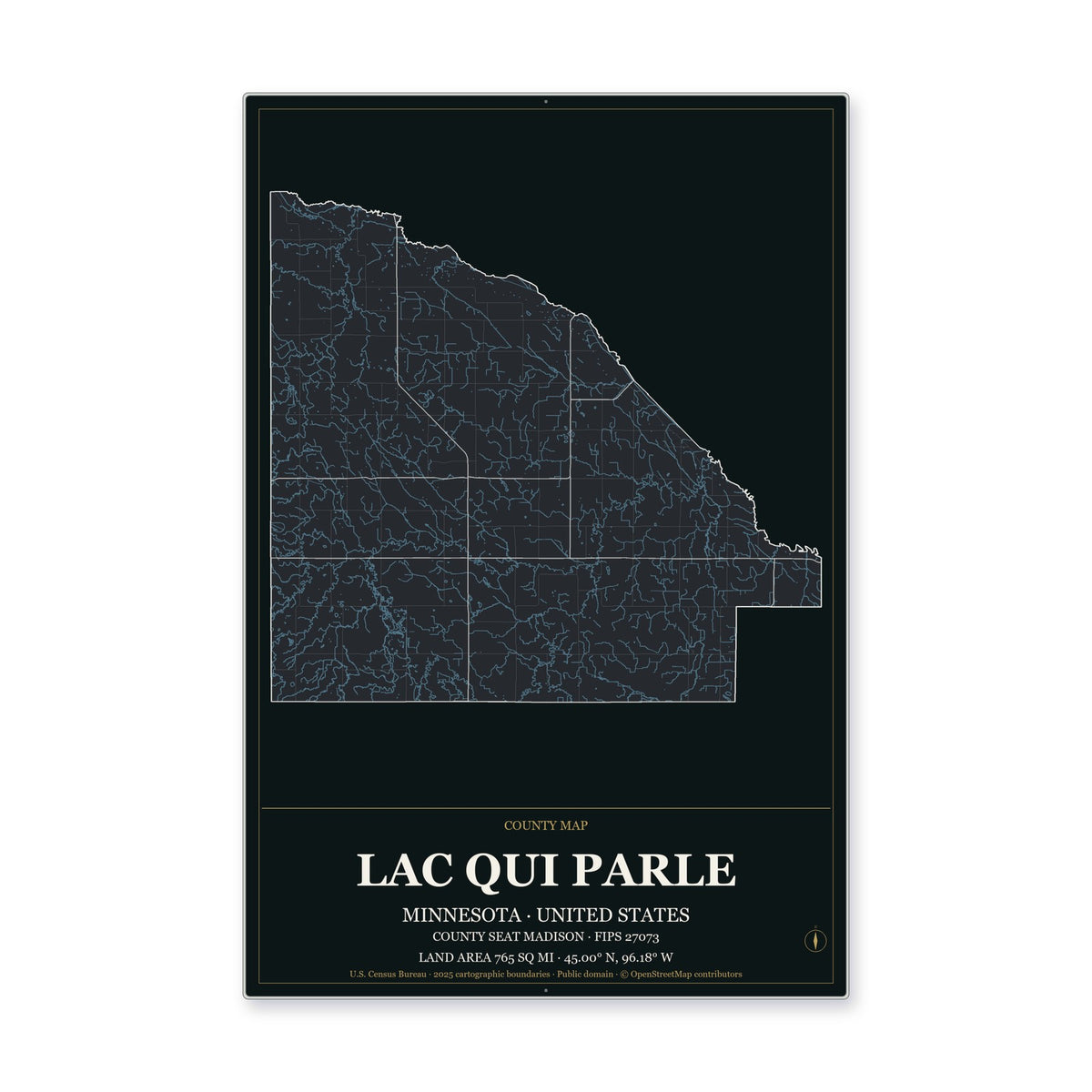 Lac qui Parle County, Minnesota Map Aluminum Sign in Metropolitan Noir style