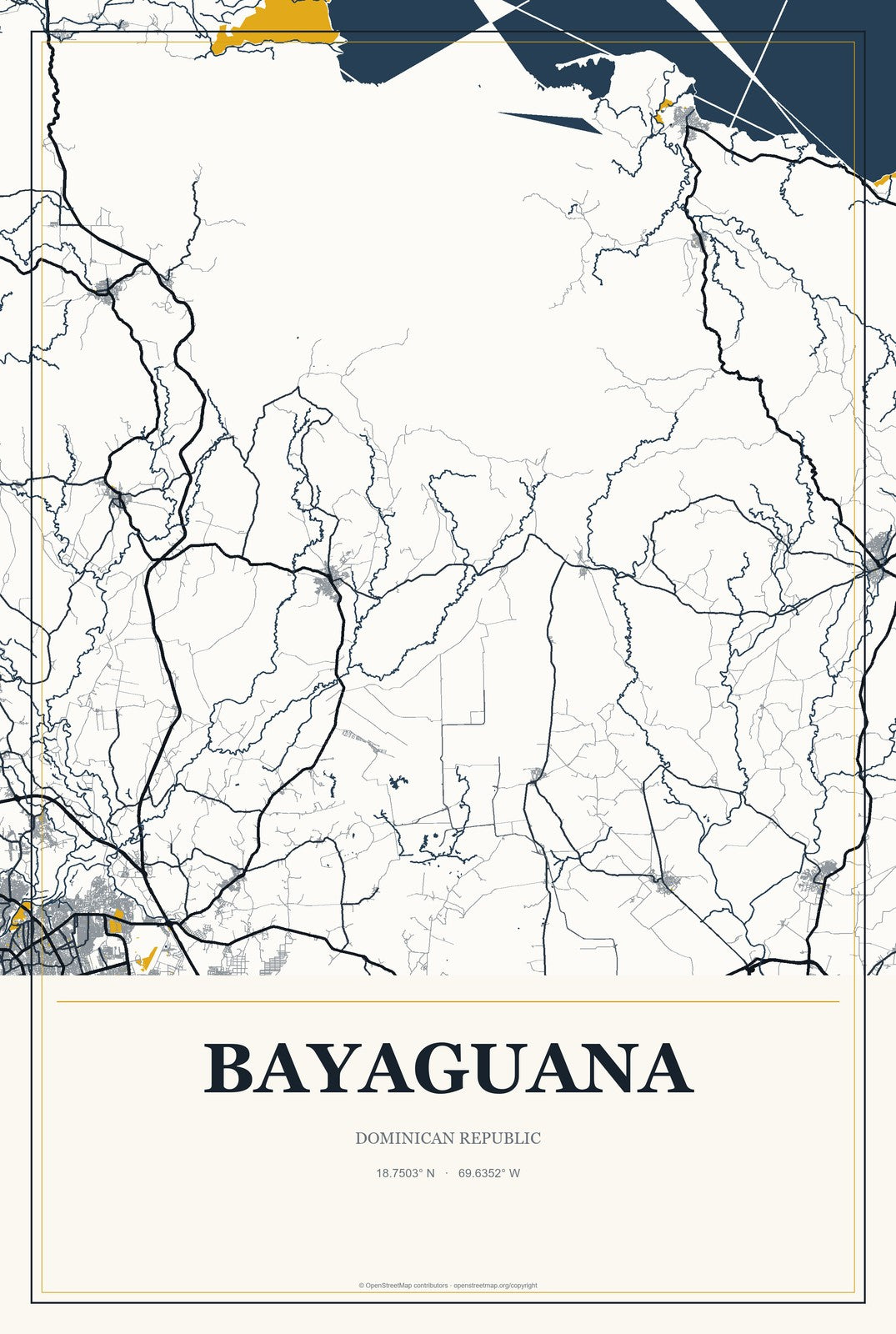 Bayaguana, Dominican Republic City Map Aluminum Sign in Citrine Modern style