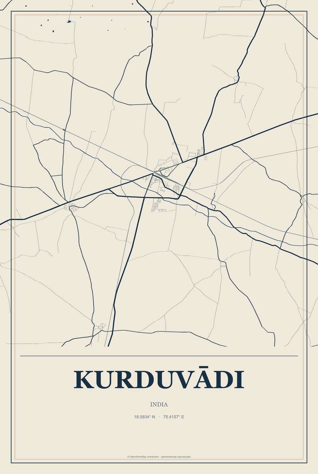 Kurduvādi, India City Map Aluminum Sign in Coastal Cutout style