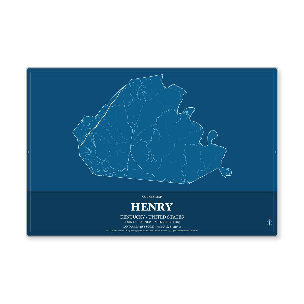 Henry County, Kentucky Map Aluminum Sign in Harbor Cobalt style
