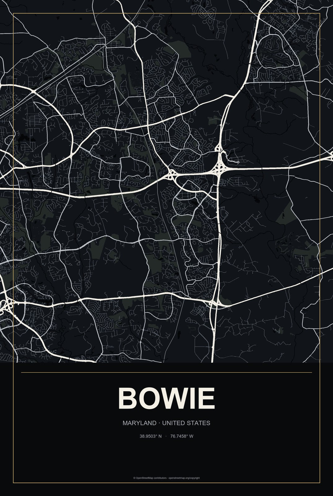 Bowie, Maryland City Map Aluminum Sign in Metropolitan Noir style