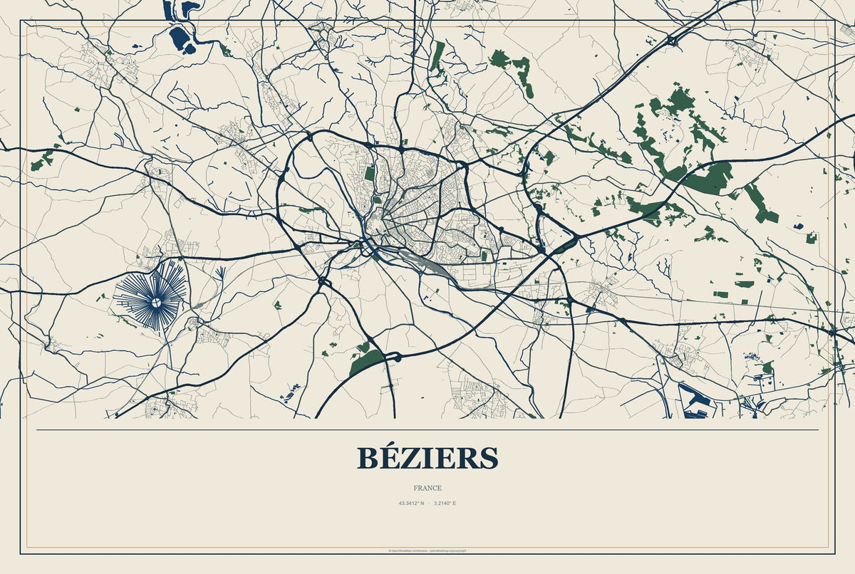 Béziers, France City Map Aluminum Sign in Coastal Cutout style