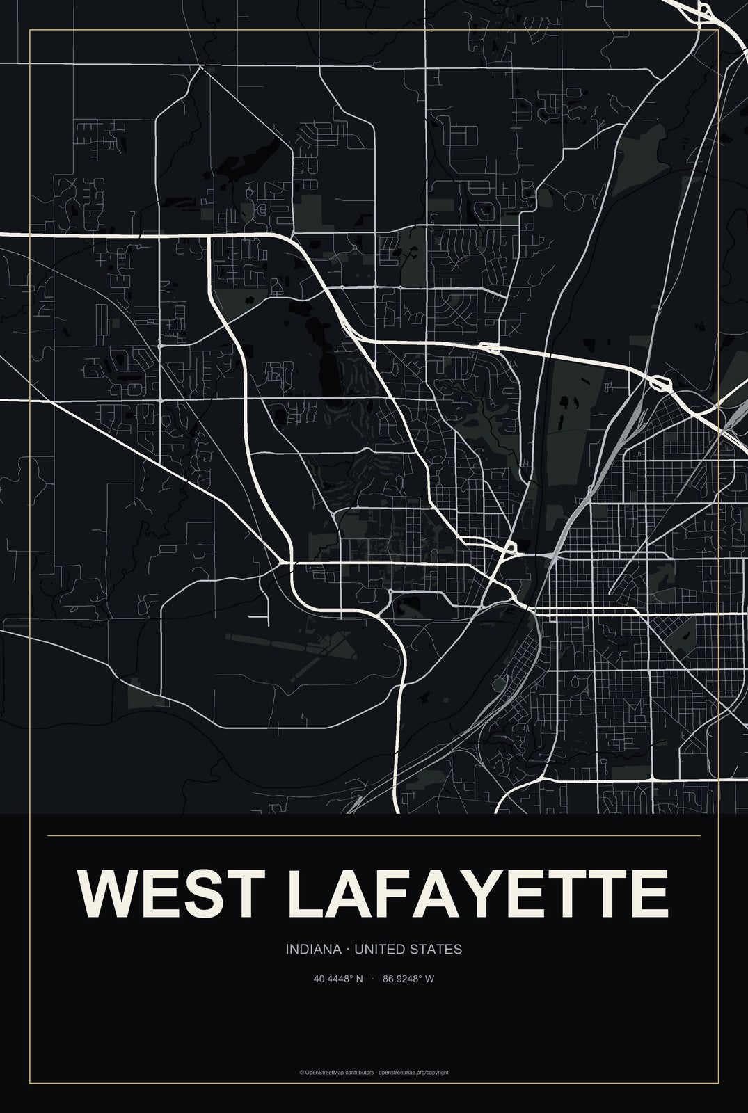 West Lafayette, Indiana City Map Aluminum Sign in Metropolitan Noir style