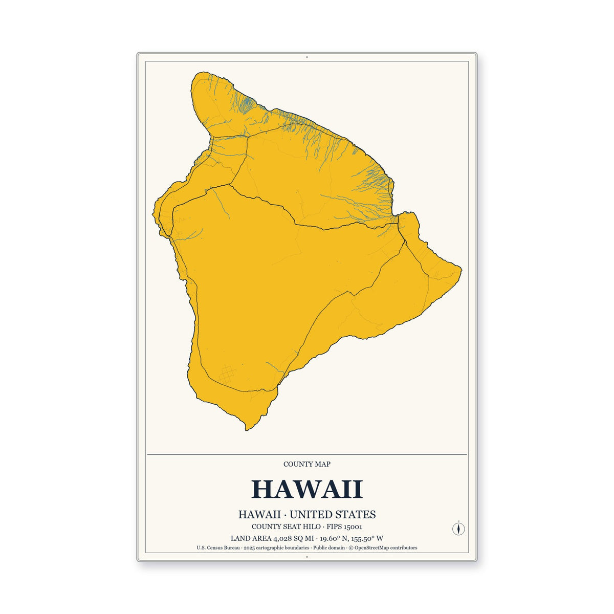 Hawaii County, Hawaii Map Aluminum Sign in Citrine Modern style