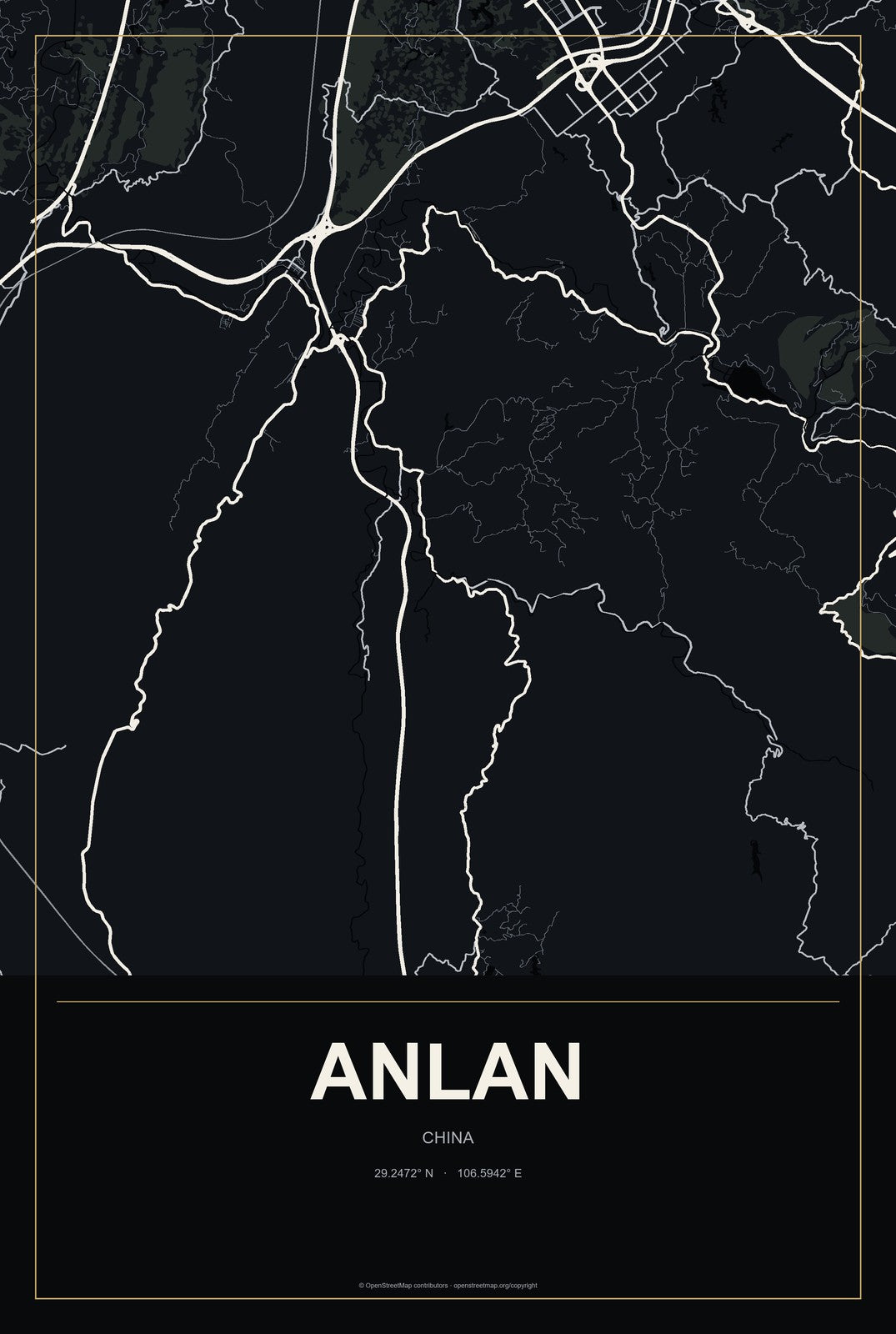 Anlan, China City Map Aluminum Sign in Metropolitan Noir style