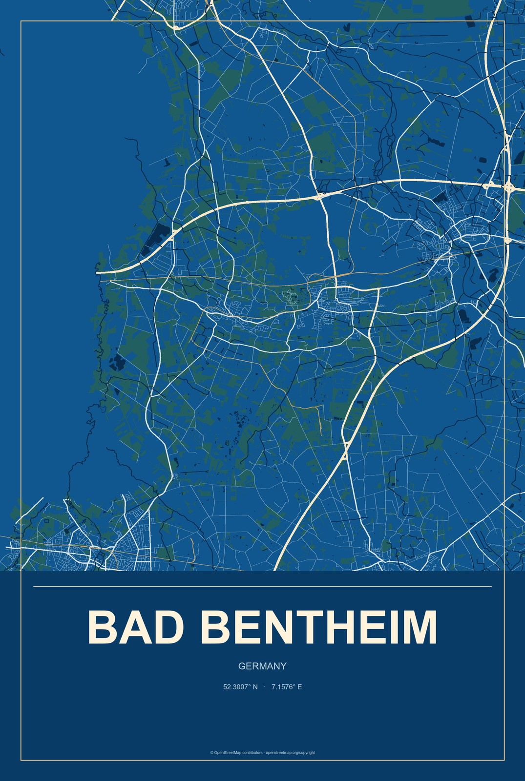 Bad Bentheim, Germany City Map Aluminum Sign in Harbor Cobalt style