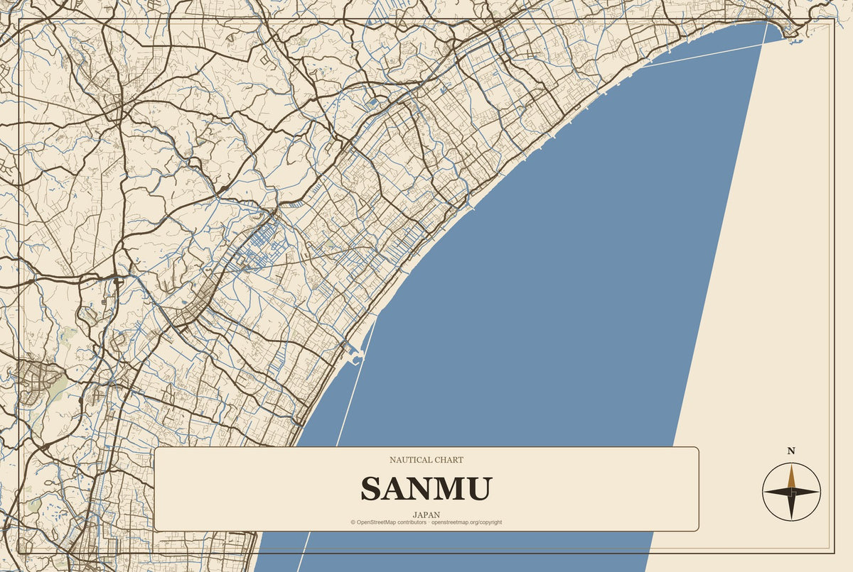 Sanmu, Japan City Map Aluminum Sign in Heritage Nautical style