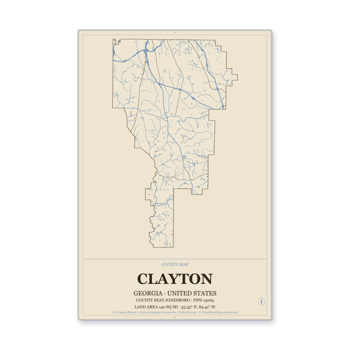 Clayton County, Georgia Map Aluminum Sign in Heritage Nautical style