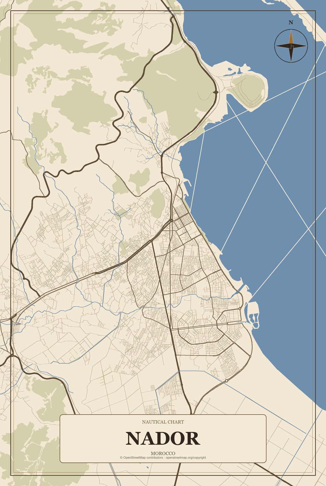 Nador, Morocco City Map Aluminum Sign in Heritage Nautical style