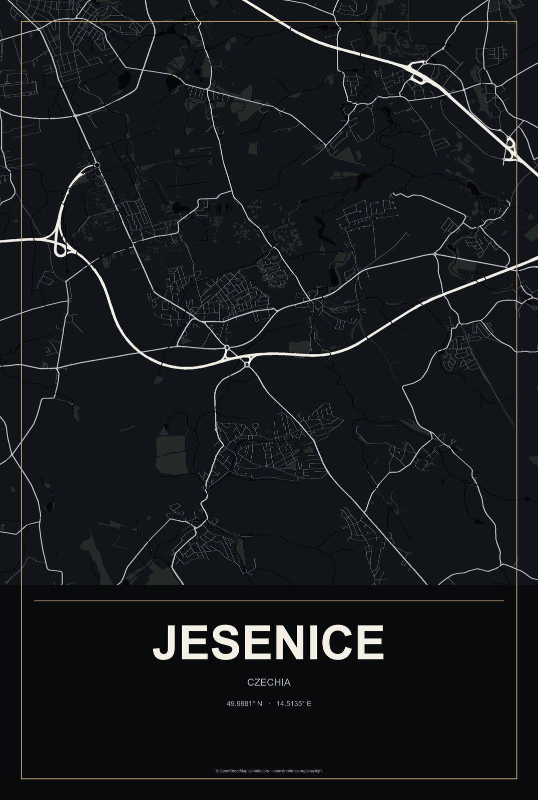 Jesenice, Czechia City Map Aluminum Sign in Metropolitan Noir style