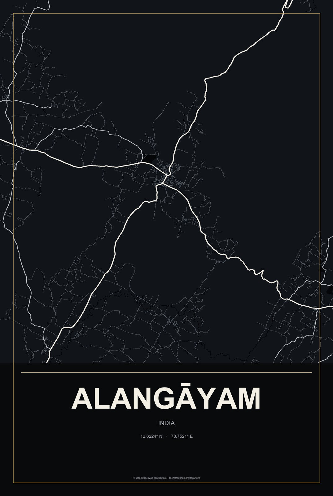 Alangāyam, India City Map Aluminum Sign in Metropolitan Noir style