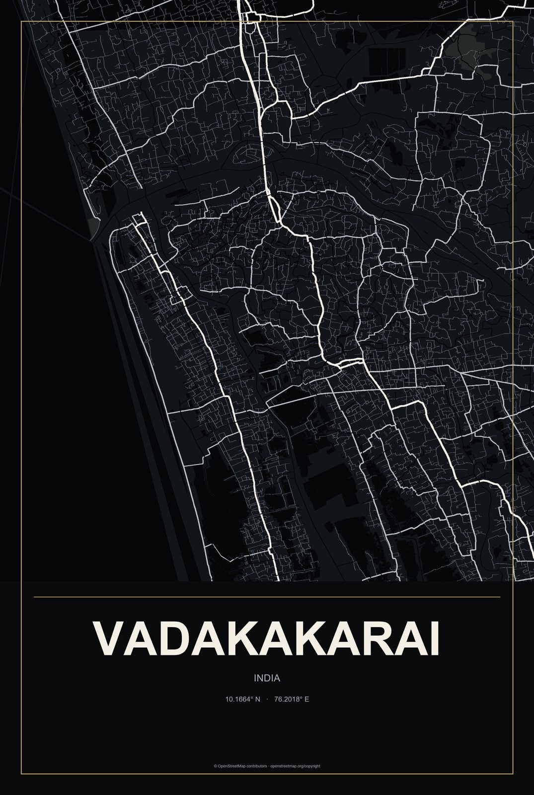 Vadakakarai, India City Map Aluminum Sign in Metropolitan Noir style