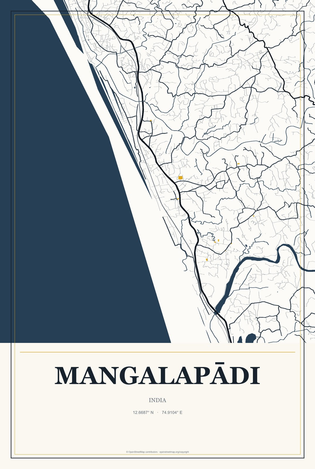 Mangalapādi, India City Map Aluminum Sign in Citrine Modern style