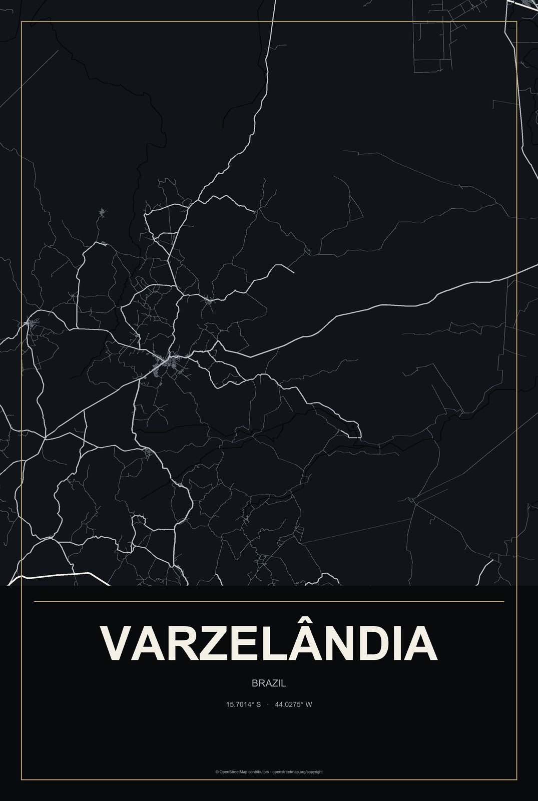 Varzelândia, Brazil City Map Aluminum Sign in Metropolitan Noir style