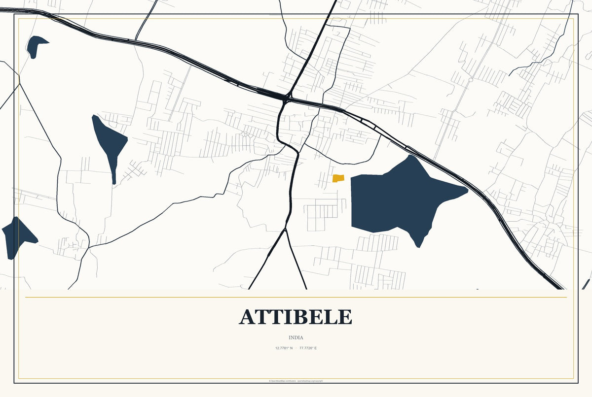 Attibele, India City Map Aluminum Sign in Citrine Modern style