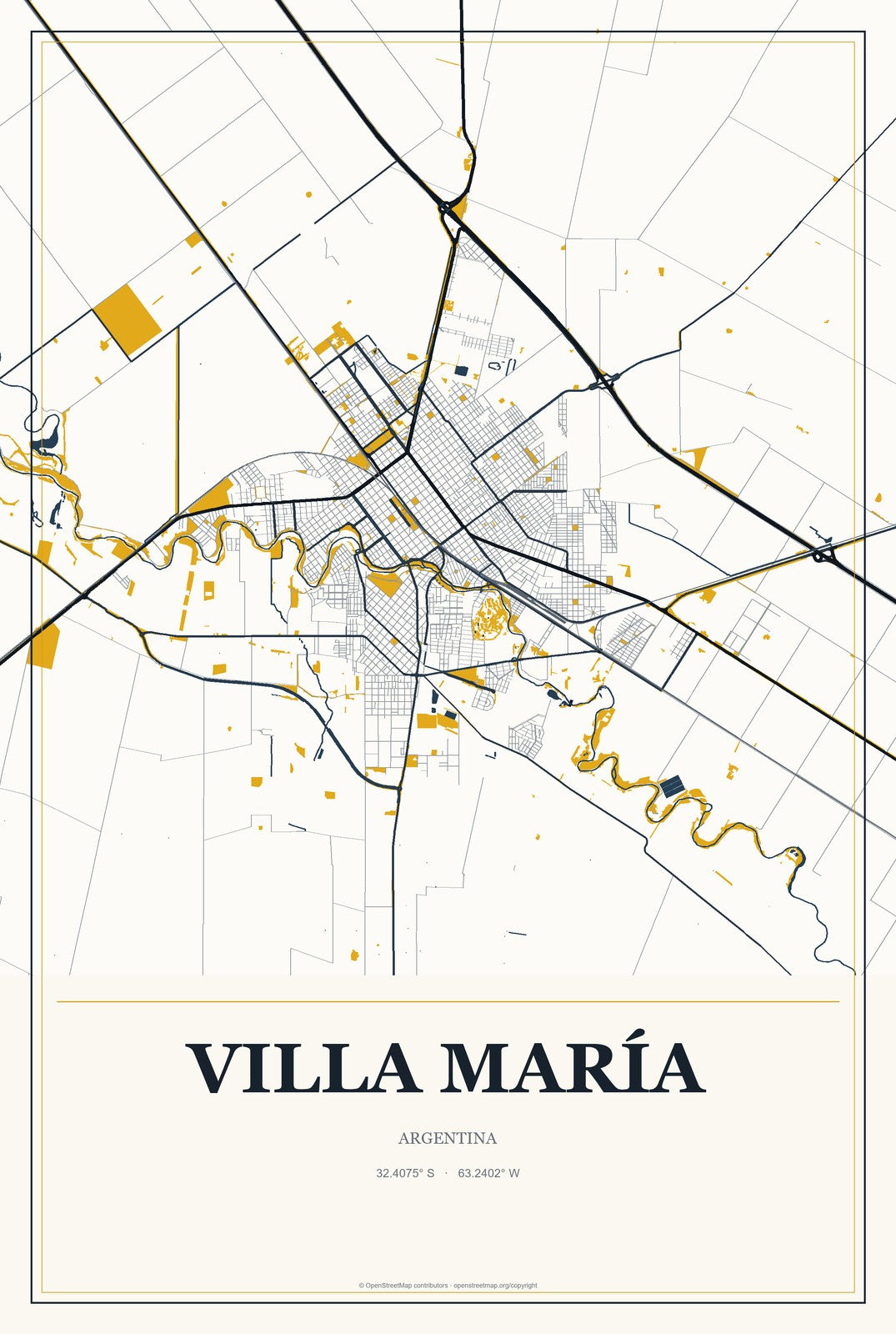 Villa María, Argentina City Map Aluminum Sign in Citrine Modern style