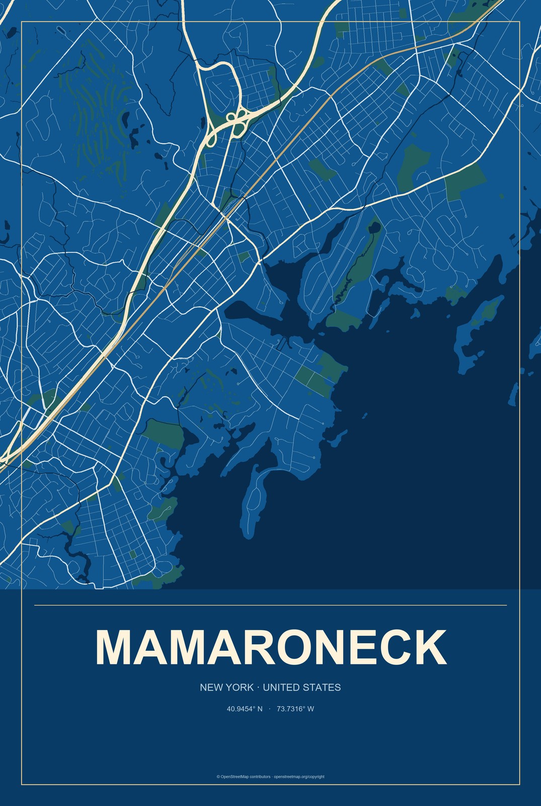 Mamaroneck, New York City Map Aluminum Sign in Harbor Cobalt style