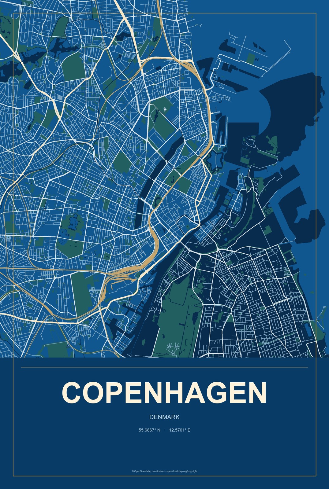 Copenhagen, Denmark City Map Aluminum Sign in Harbor Cobalt style