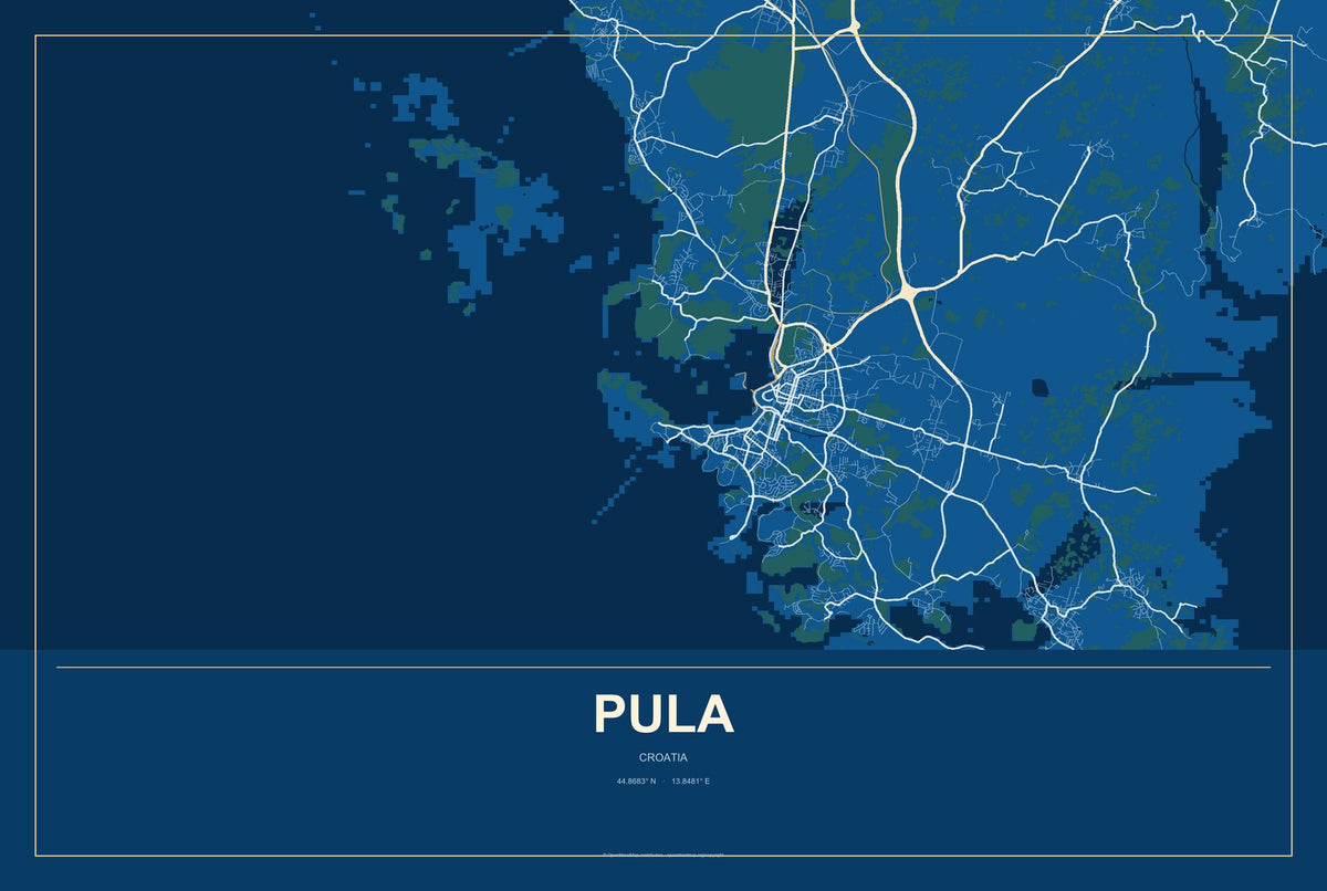 Pula, Croatia City Map Aluminum Sign in Harbor Cobalt style