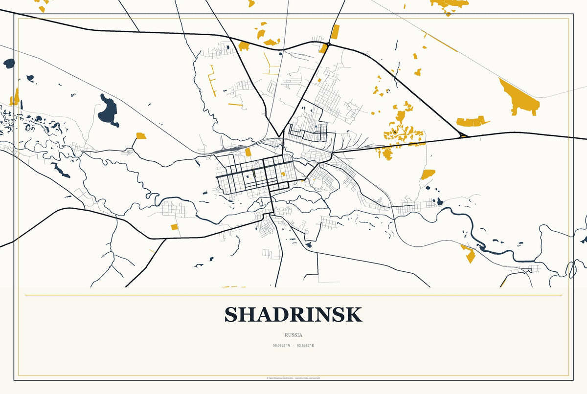 Shadrinsk, Russia City Map Aluminum Sign in Citrine Modern style