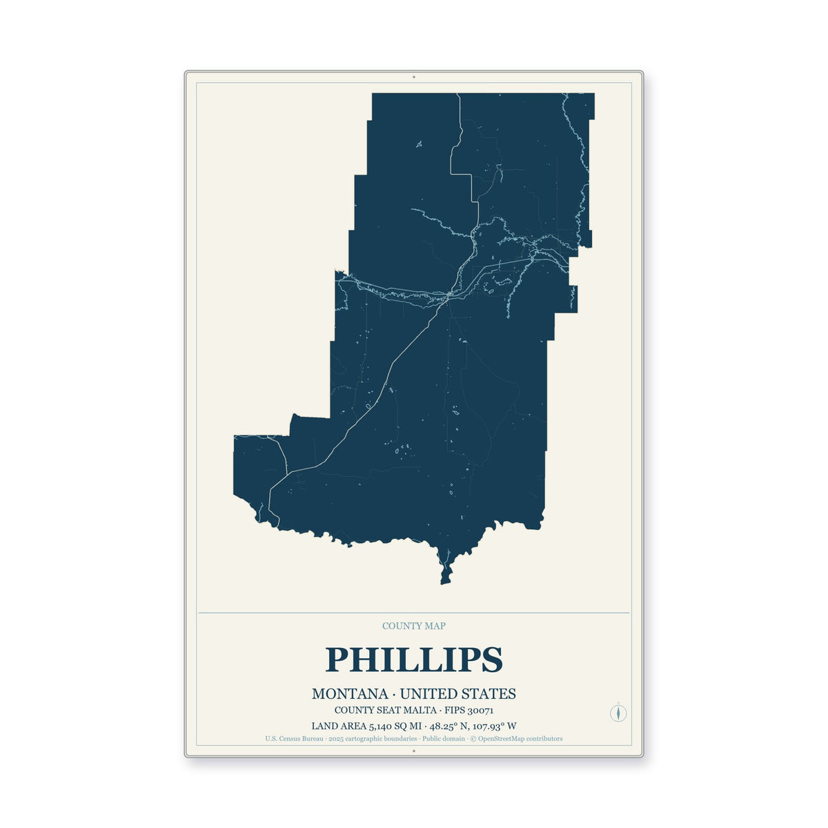 Phillips County, Montana Map Aluminum Sign in Coastal Cutout style