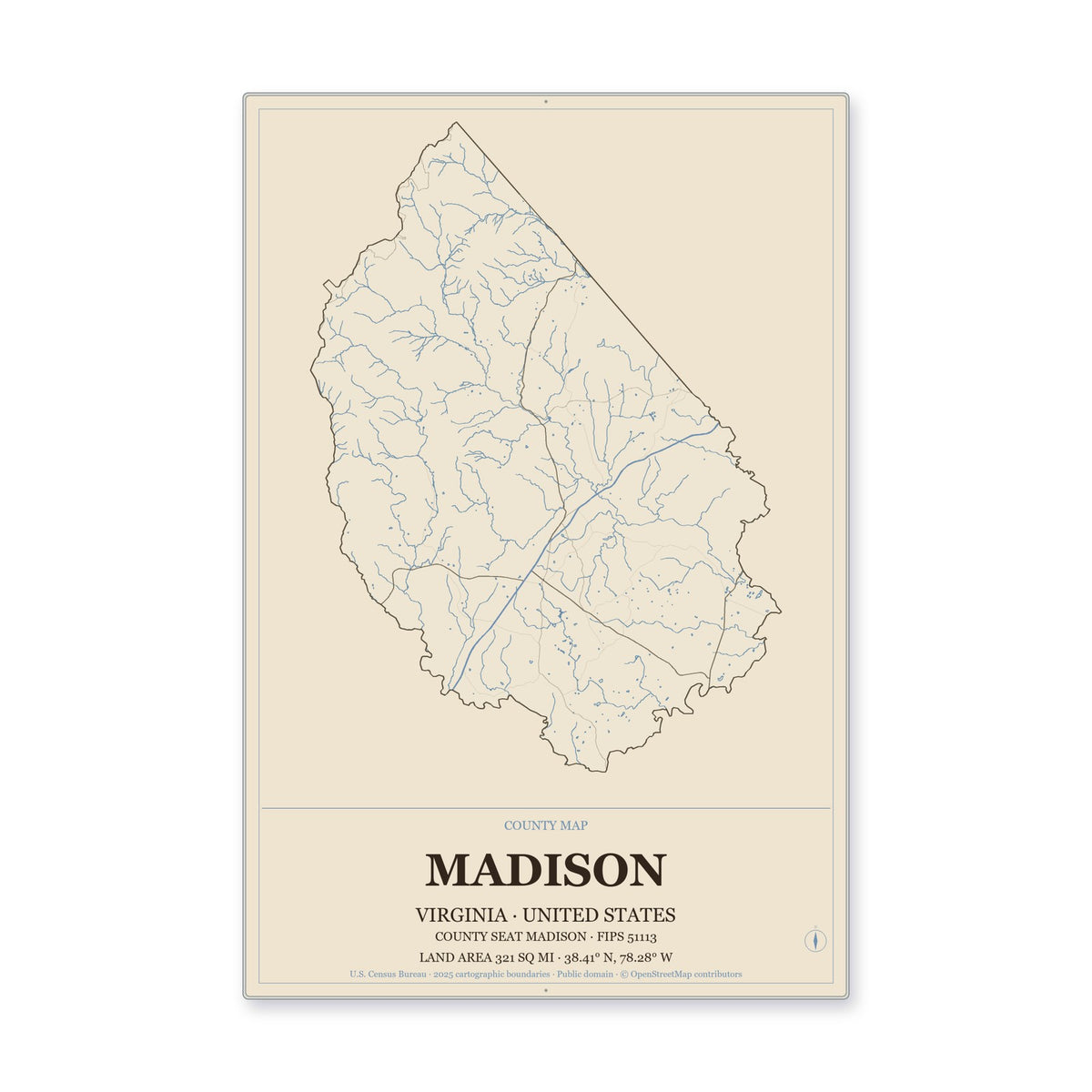 Madison County, Virginia Map Aluminum Sign in Heritage Nautical style