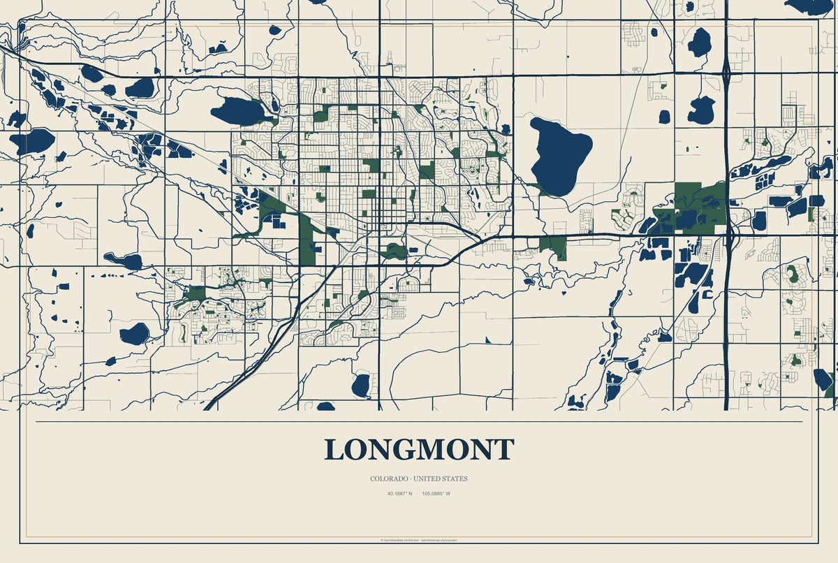Longmont, Colorado City Map Aluminum Sign in Coastal Cutout style