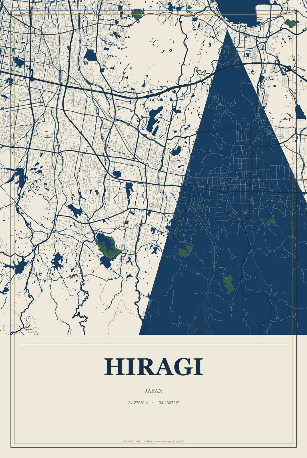 Hiragi, Japan City Map Aluminum Sign in Coastal Cutout style