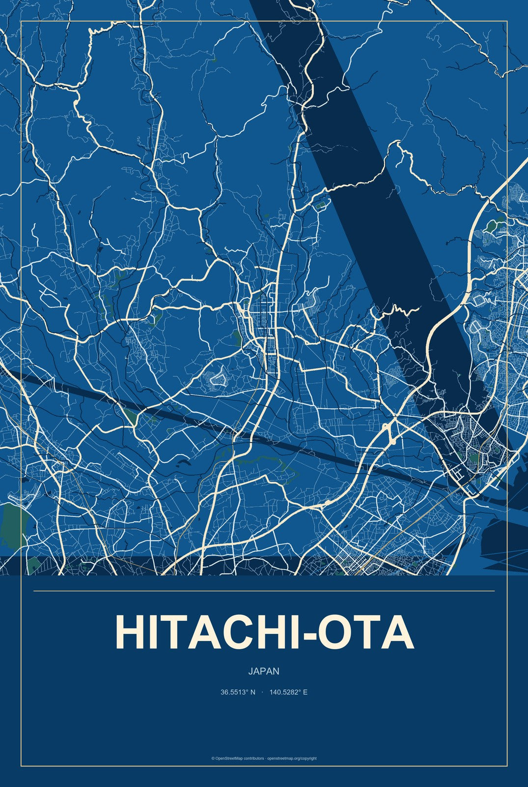 Hitachi-ota, Japan City Map Aluminum Sign in Harbor Cobalt style