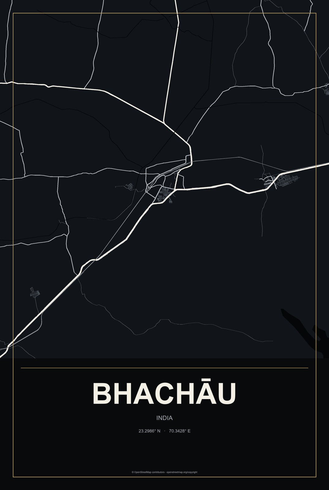 Bhachāu, India City Map Aluminum Sign in Metropolitan Noir style