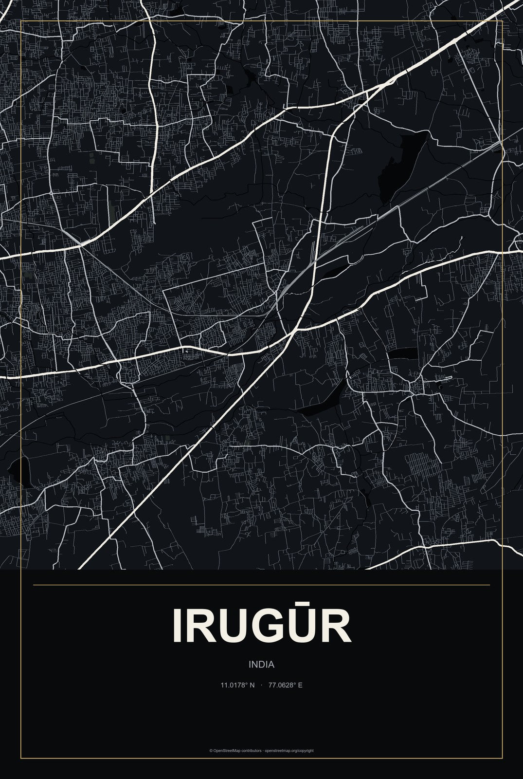 Irugūr, India City Map Aluminum Sign in Metropolitan Noir style