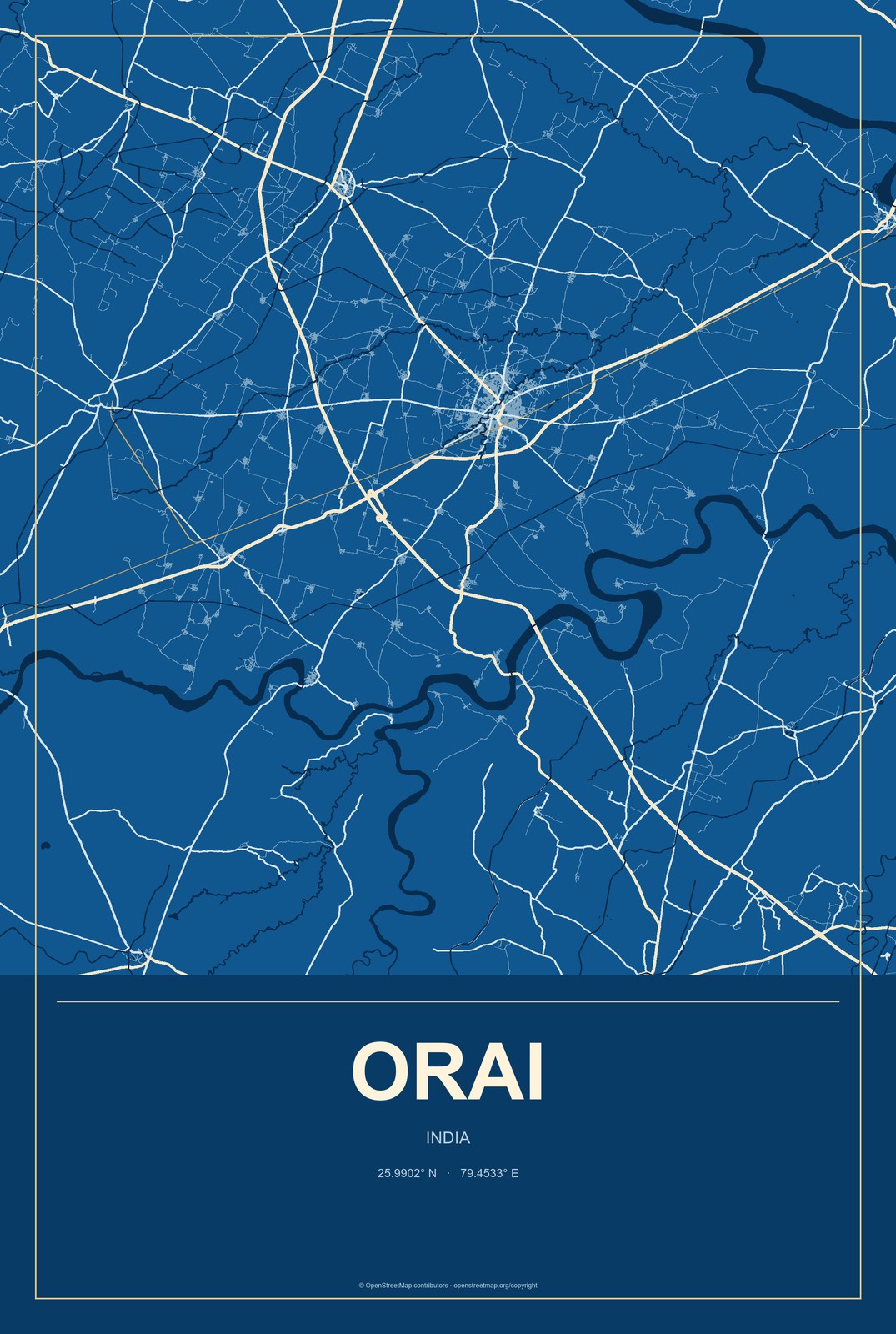 Orai, India City Map Aluminum Sign in Harbor Cobalt style