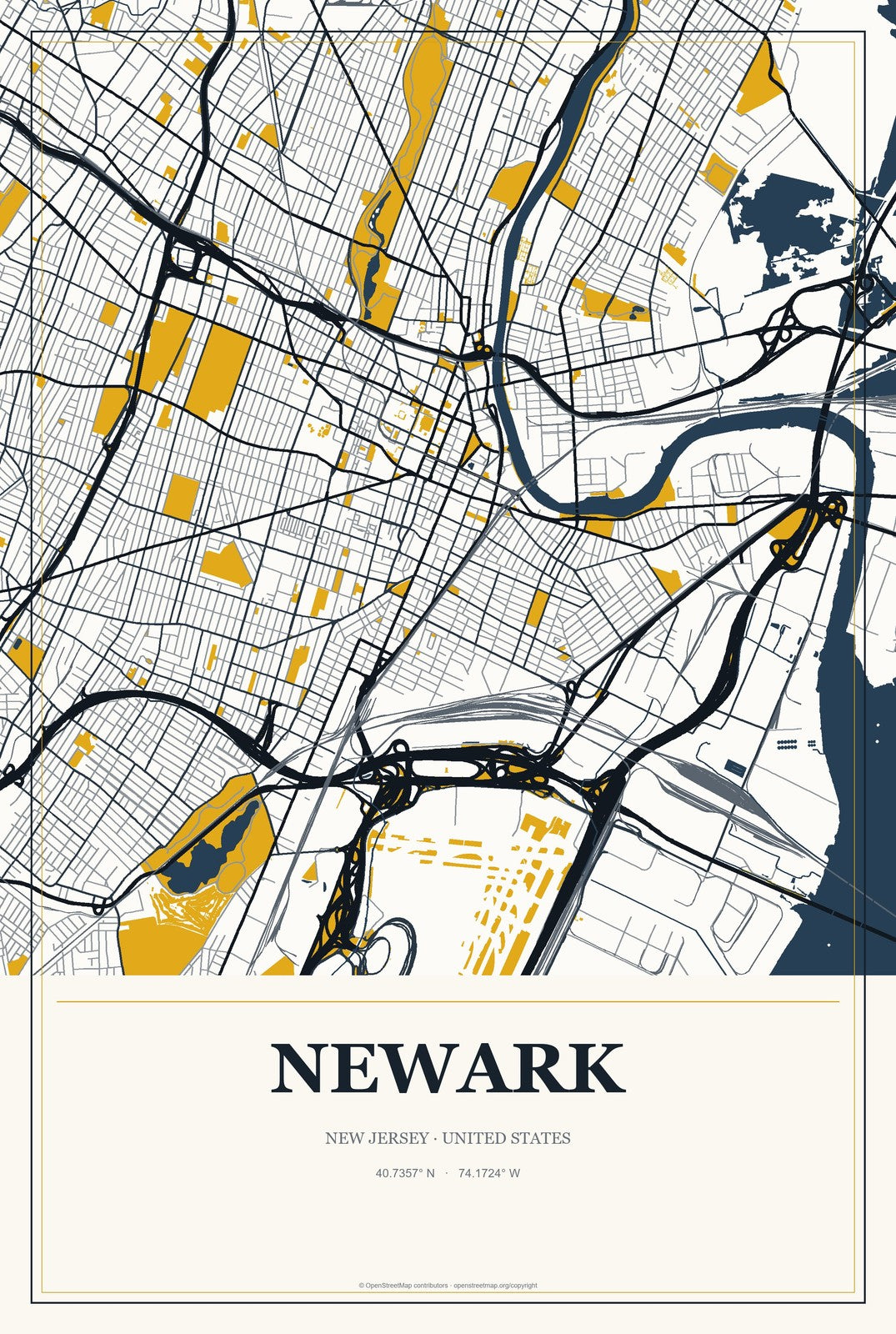 Newark, New Jersey City Map Aluminum Sign in Citrine Modern style