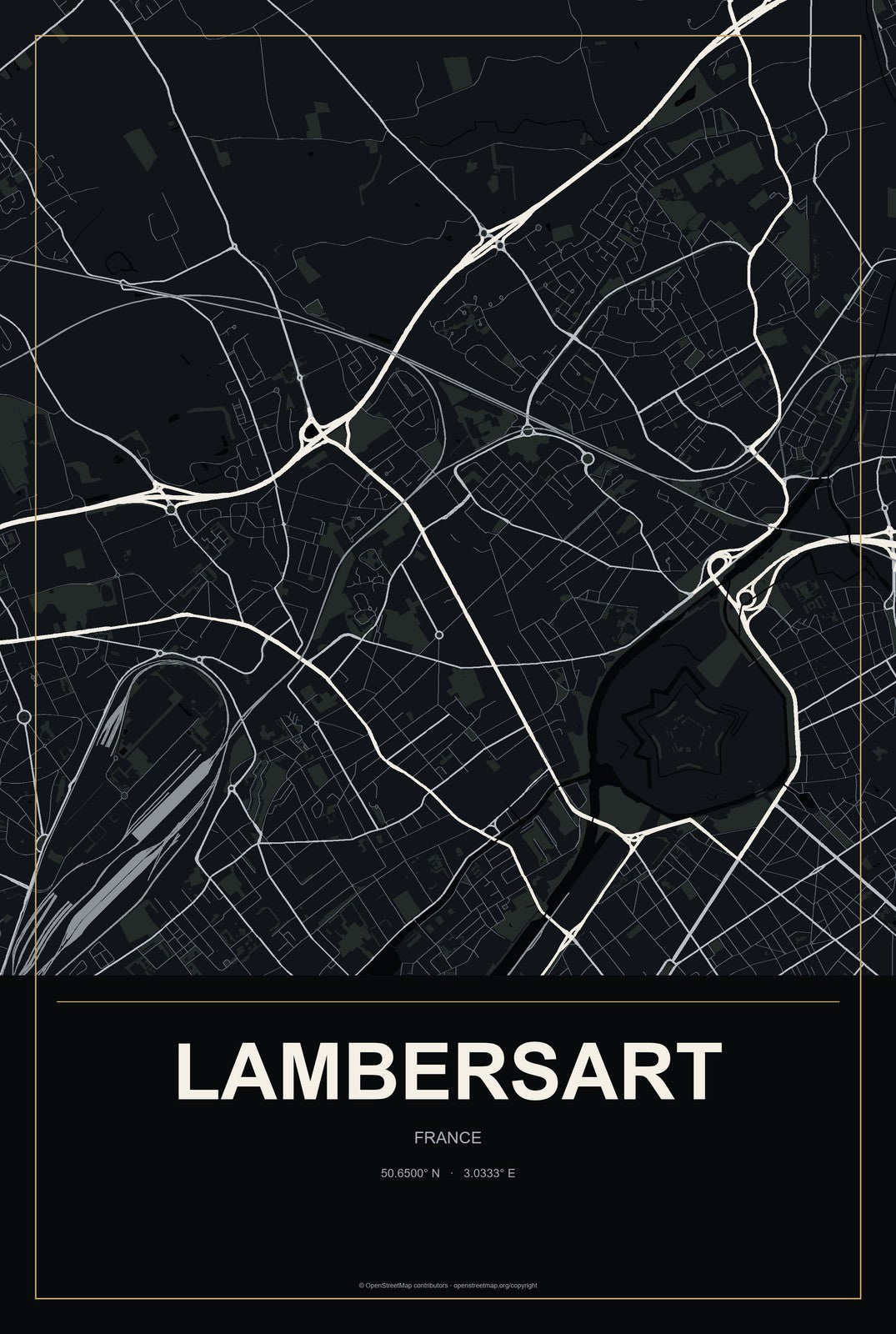 Lambersart, France City Map Aluminum Sign in Metropolitan Noir style
